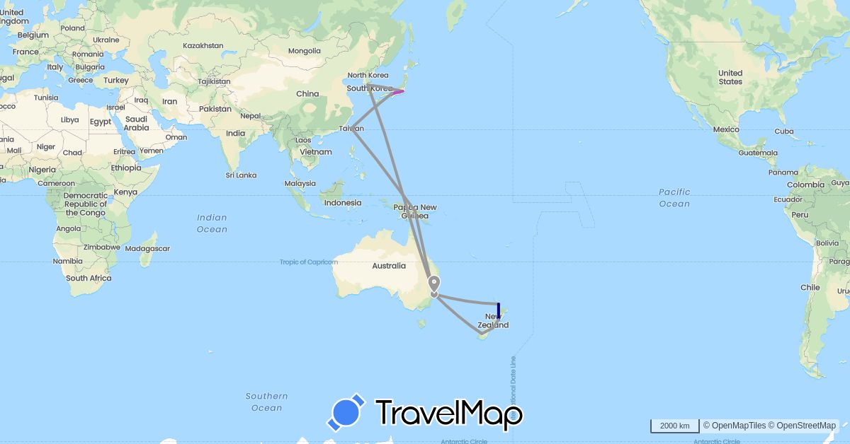 TravelMap itinerary: driving, plane, train in Australia, Japan, South Korea, New Zealand, Papua New Guinea, Taiwan (Asia, Oceania)