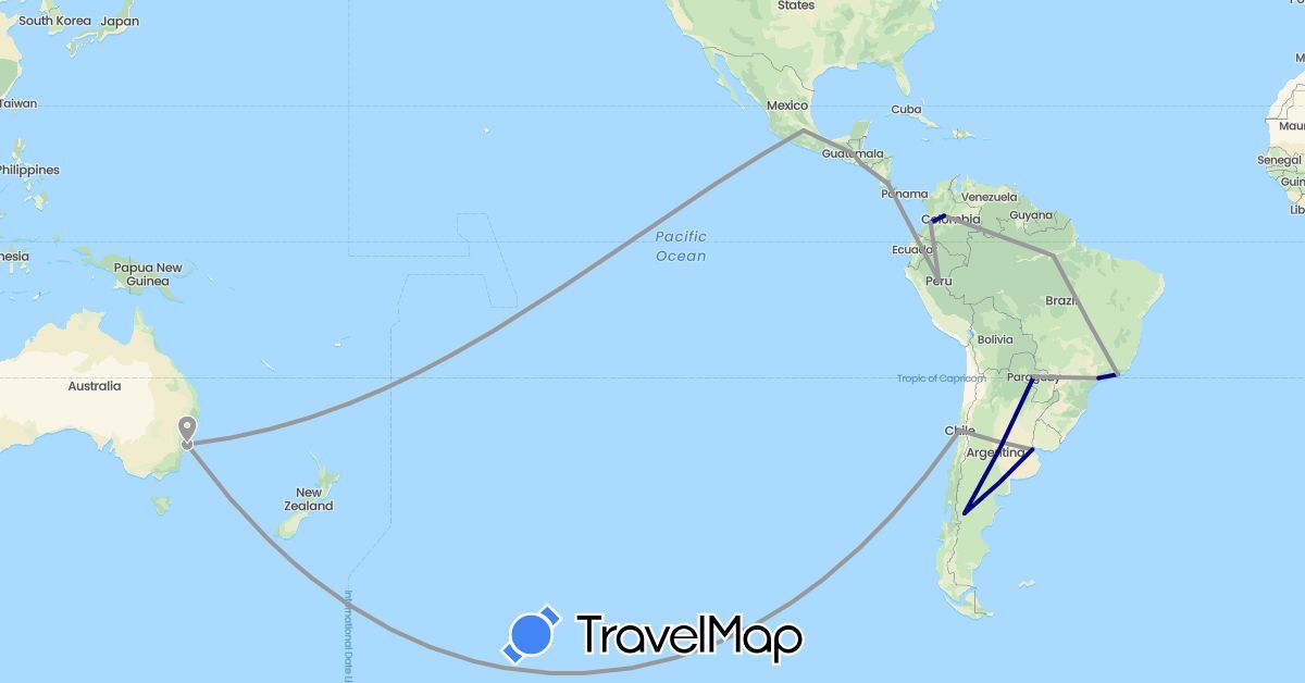 TravelMap itinerary: driving, plane in Argentina, Australia, Brazil, Chile, Colombia, Costa Rica, Guatemala, Mexico, Peru, Paraguay, El Salvador (North America, Oceania, South America)